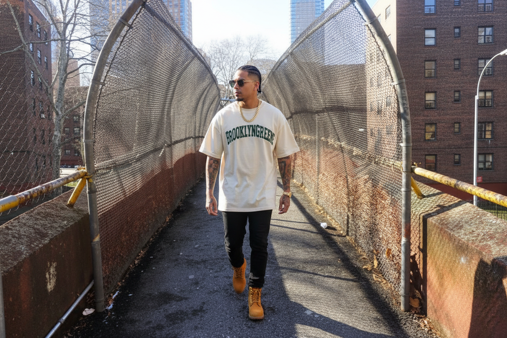 Latino model in oversized BrooklynGreene Basic Tee walking through Brooklyn tunnel