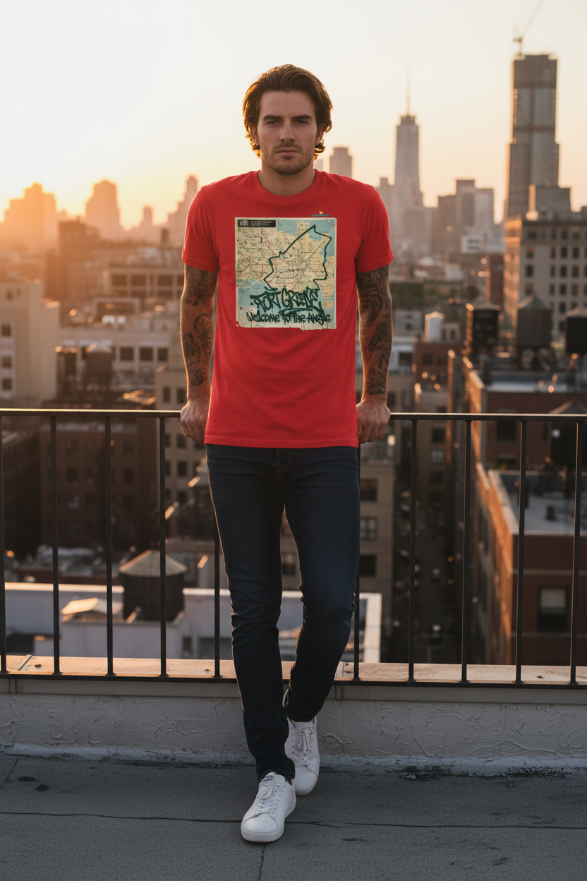 Handsome white male model wearing Fort Greene Welcome to the Angle red graphic tee