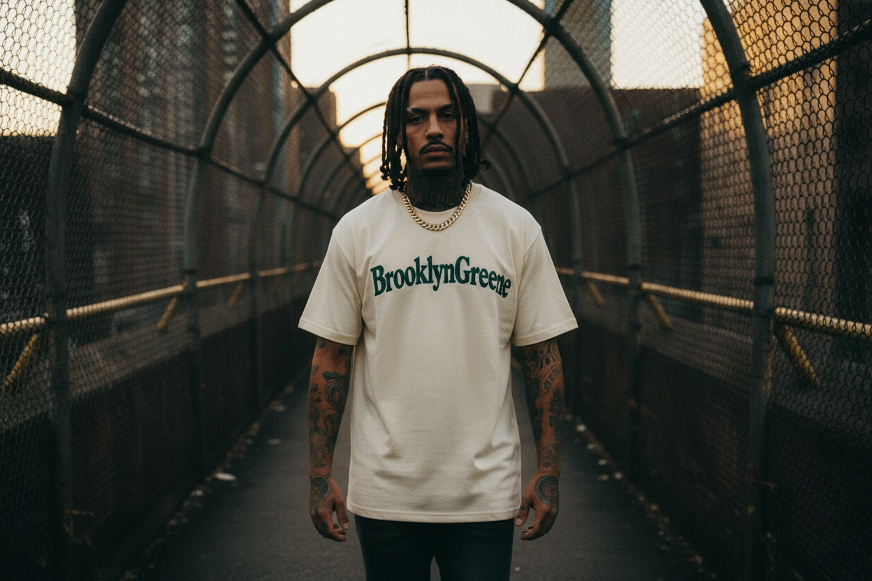 Latino model in oversized BrooklynGreene Basic Tee standing in Brooklyn tunnel